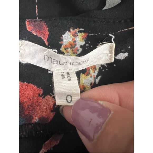 Maurices Black Pink Floral Blouse Size 0 Ruffle Neck Sleeveless Tie Pullover - Picture 6 of 10